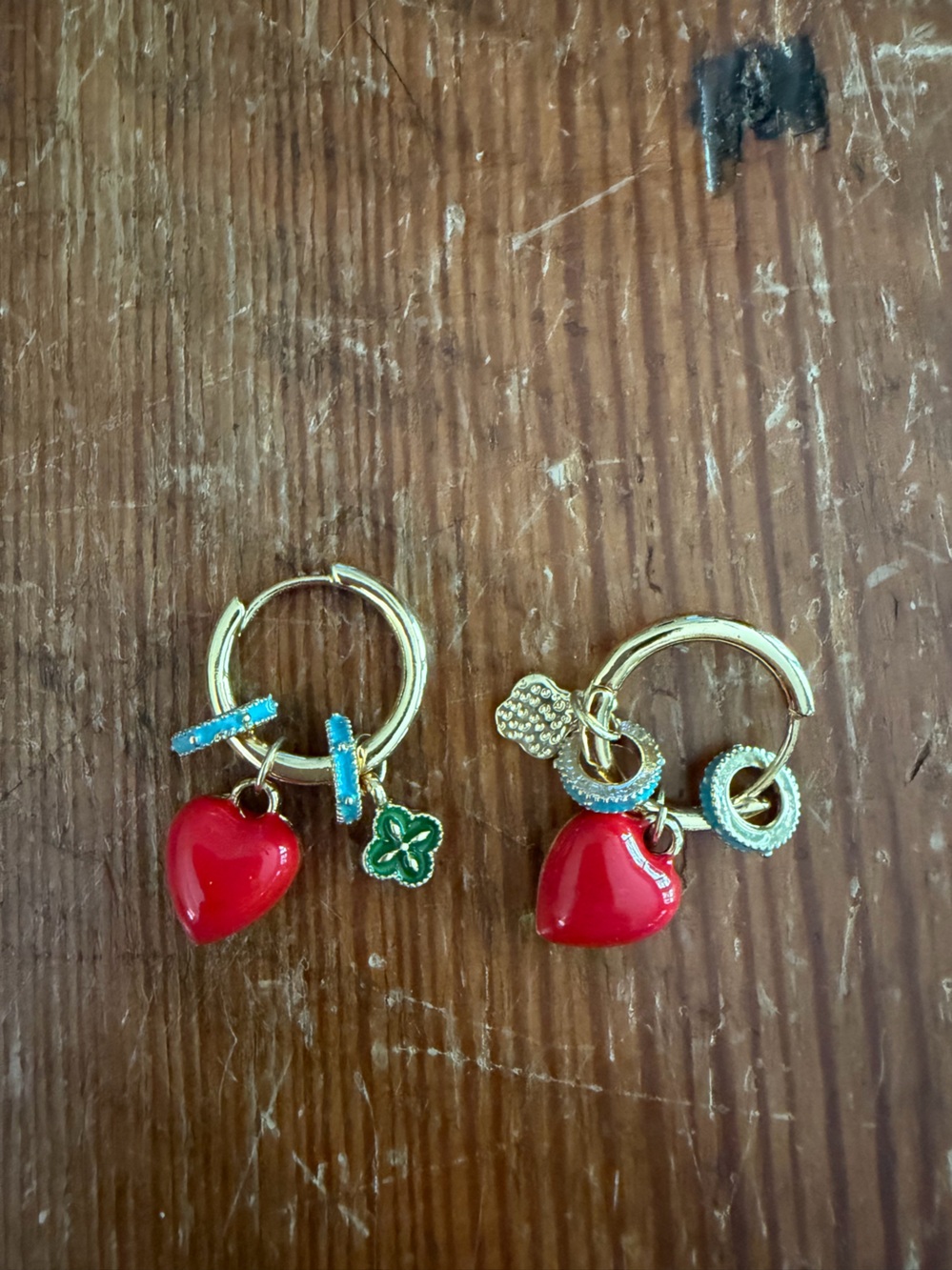Gold Hoop Earrings with Red Heart & Turquoise Accents
